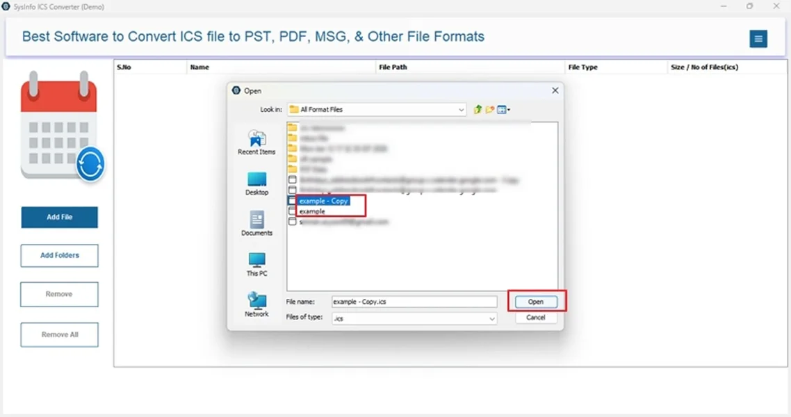 Then, choose the iCalendar files and Open them. Click Next. 
