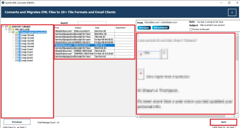 Afterwards, choose and preview EML files and hit Next.