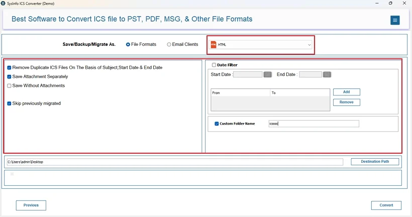 Furthermore, select the HTML format and apply relevant filters. 