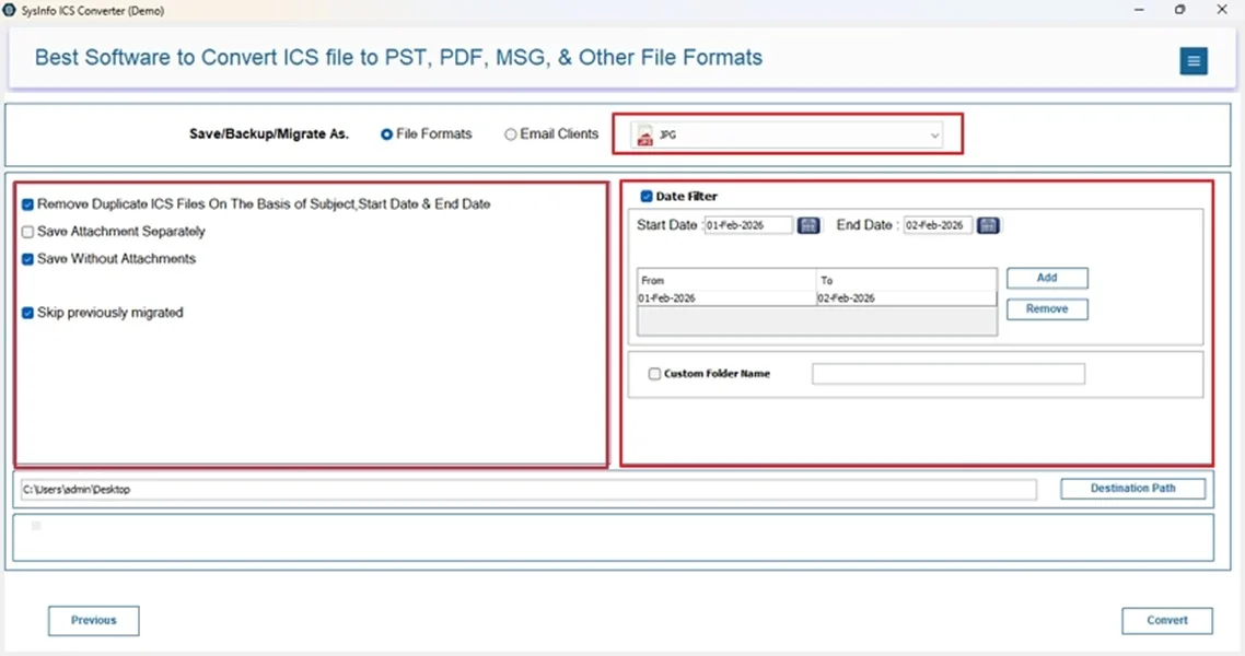 Later, choose the JPG file format from the list and apply custom filters. 