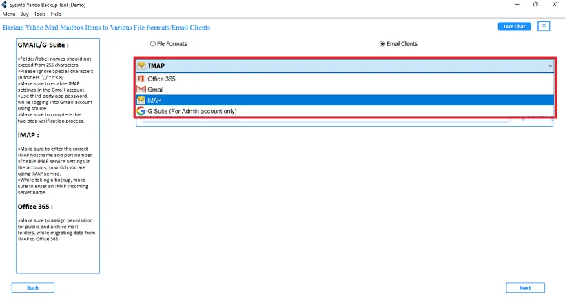 Further, choose IMAP and click Next.