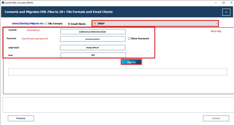 Further, choose IMAP and use Zoho credentials to log in.