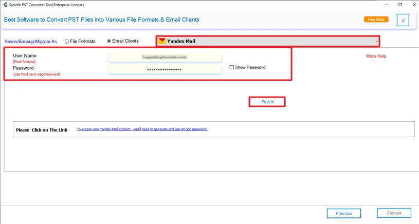 Choose Yandex Mail and sign in with your details.