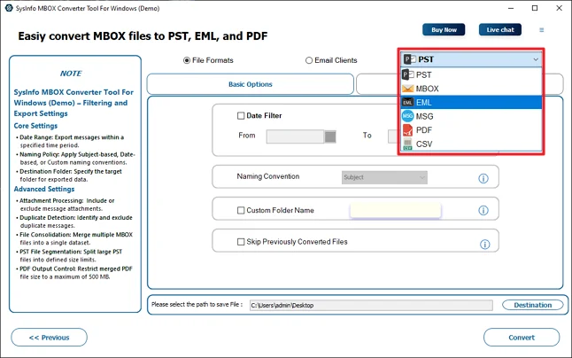 Furthermore, choose any file format for backup.