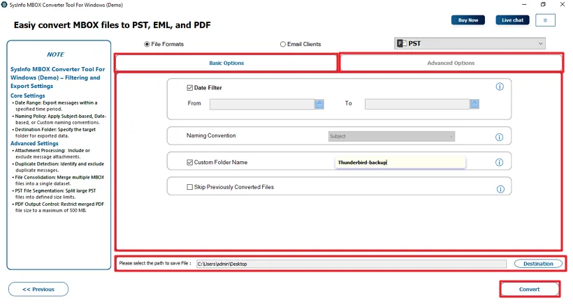 Finally, use the filters, decide the path to save, and click Convert.