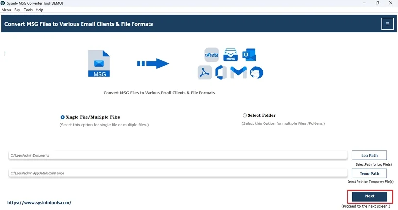 Launch the MSG File Converter Tool and in the first window, click Next. 