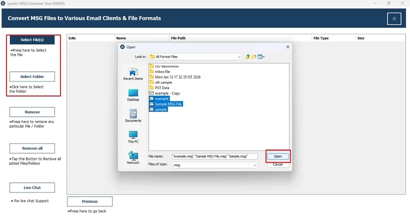 Then, press Select File or Folder and upload the MSG data to convert. Tap Next.