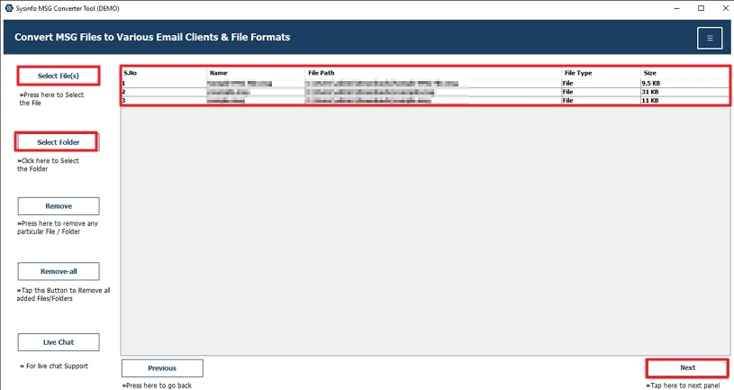Then, add the MSG files and click Next.