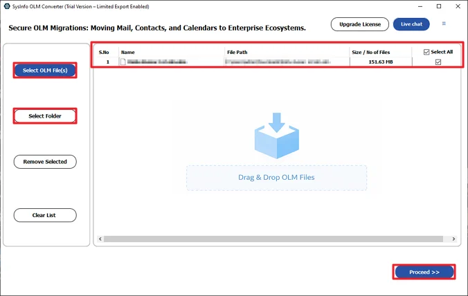 Add the OLM files and click Proceed.