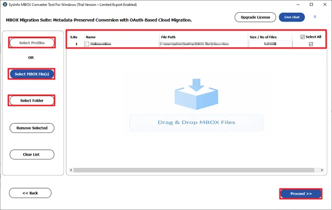 Add the MBOX files and click Proceed.