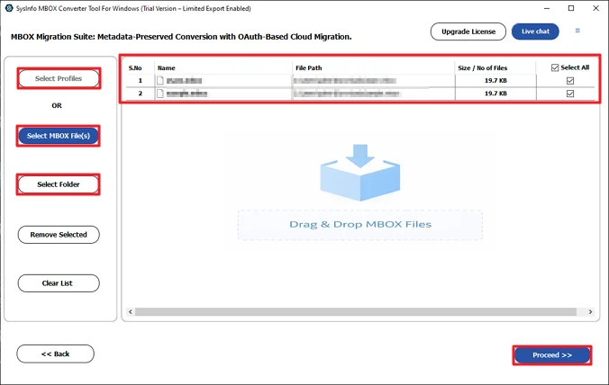 Then, add your MBOX files and press Next.