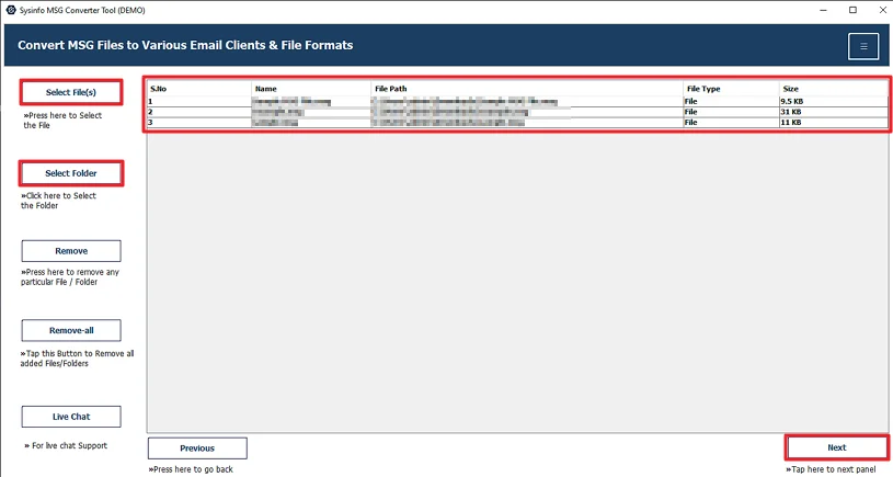 Add the MSG files and click Next.