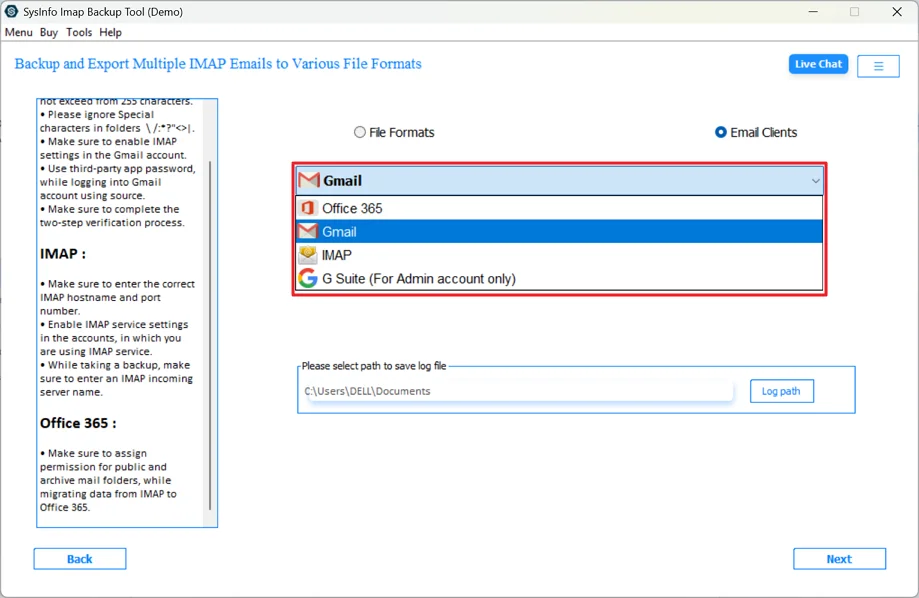 Further, choose Gmail from the dropdown.