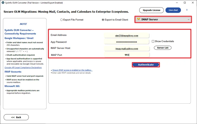 Choose IMAP and log in with credentials.