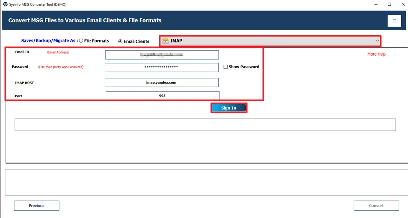 Further, choose IMAP and log in with your Yandex credentials.