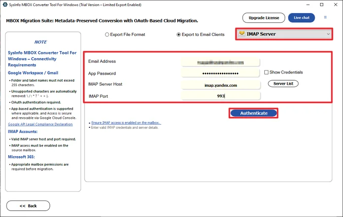 Choose IMAP and authenticate with Yandex credentials.