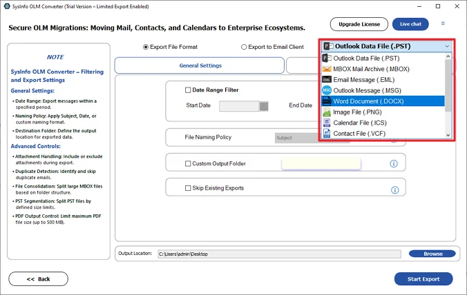 Choose a file format to back up your data safely.