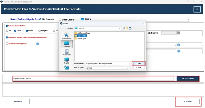 Finally, set a target EMLX folder path and click the Convert button to finish. 