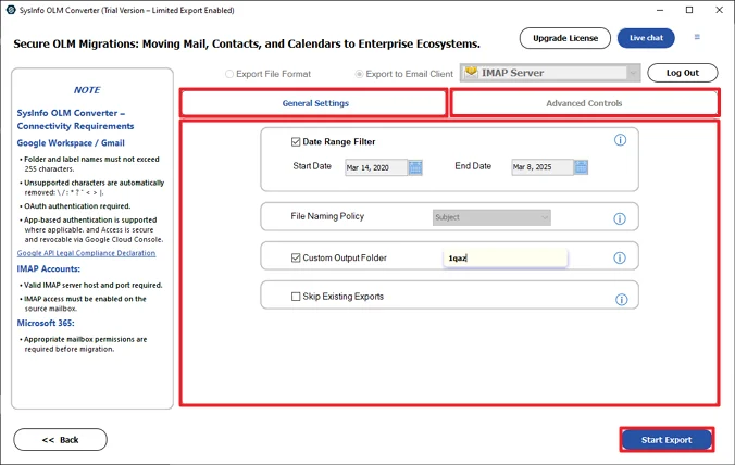 Lastly, apply filters and click Start Export.