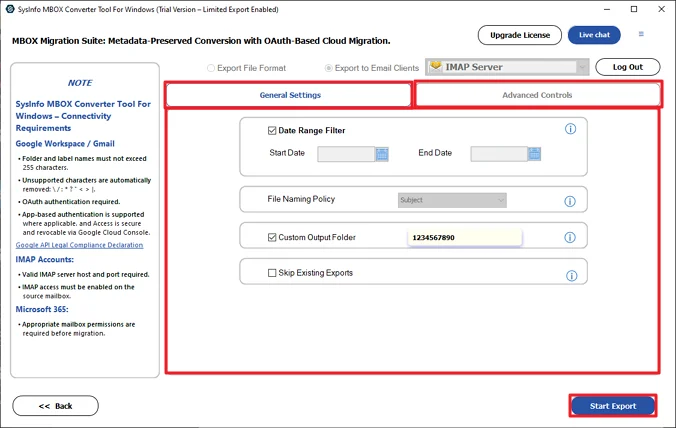 Lastly, use the available filters and click Start Export.