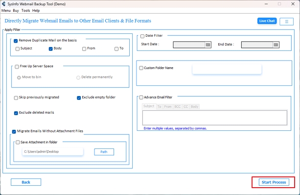 Finally, select all the custom filters you want to apply and tap Start Process to migrate AOL.