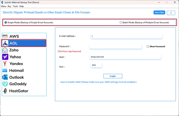 Launch the AOL Backup Tool and choose AOL and Single/Batch Mode.