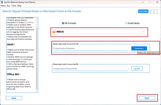 Afterward, choose MBOX from file formats and a destination to save. Tap Next.