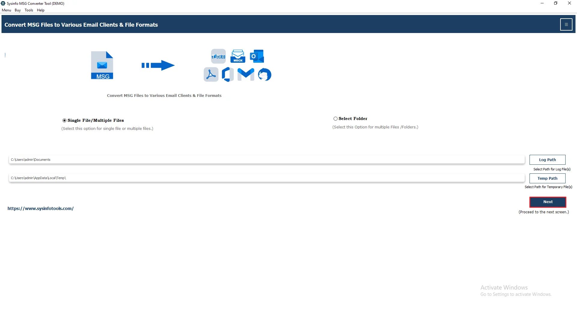 To begin, install and open the MSG Converter on your PC. Press Next.