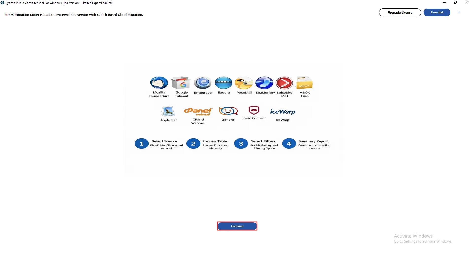 Firstly, install and download the MBOX Converter Tool. Click Continue.