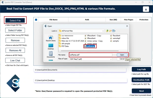Further, click on Select File or Select Folder and add the PDF files to convert. 