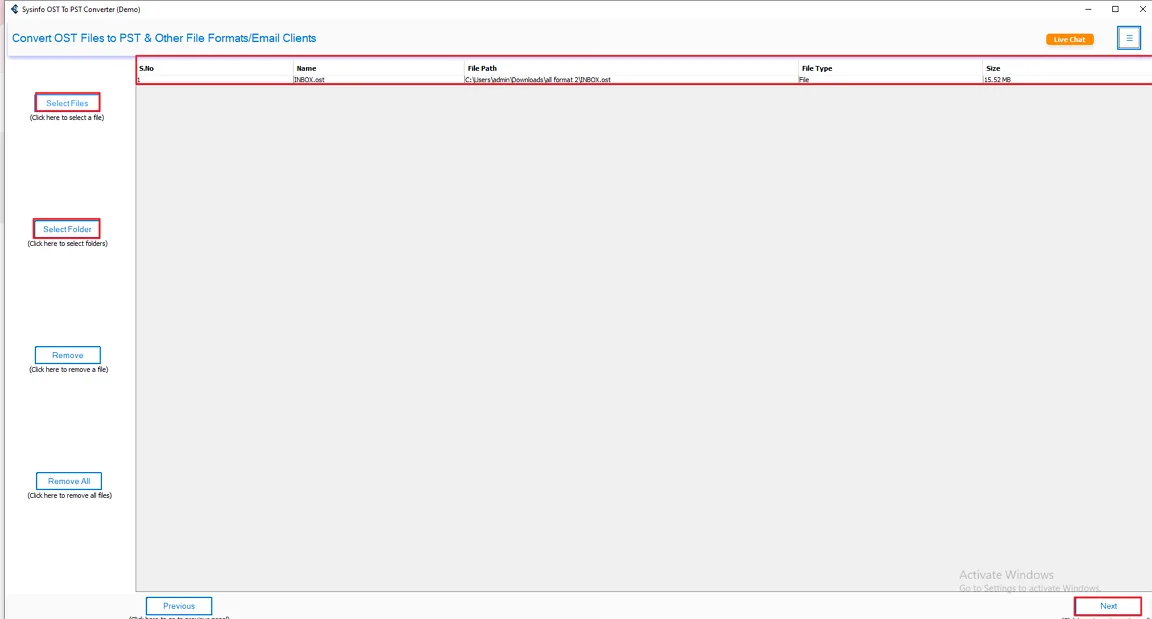 Afterwards, go to Select Files/ Select Folder to add OST files and press Next.