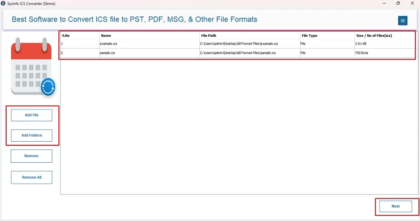 Then, click Add File/Folder and upload the ICS. Tap Next. 