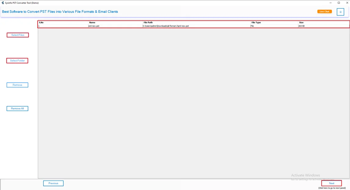 Afterthat, click Select Files or Select Folders to add the PST files and hit the Next button.