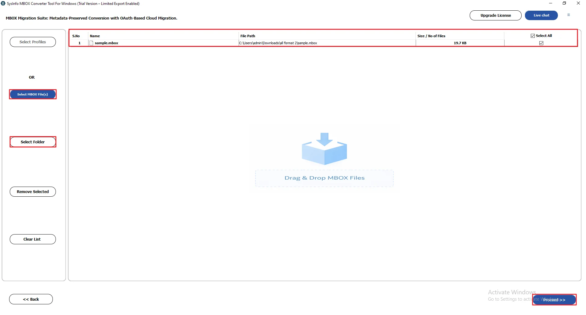 After that, click Select MBOX File(s) / Select Folder to add the MBOX files and click Proceed.