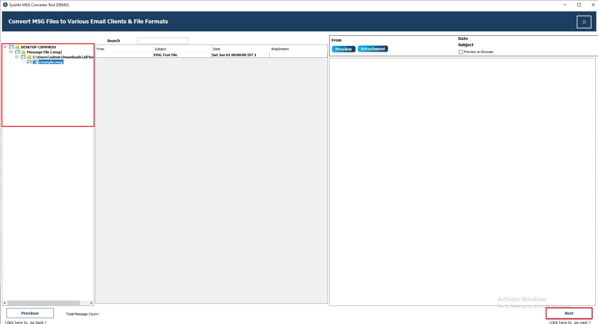 Afterwards, expand the tree structure >> Preview and Select files >> Next.