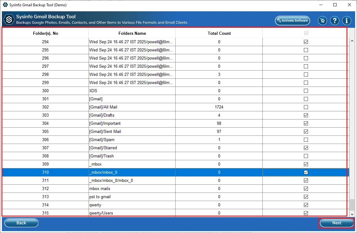 Later, select the folder from the Gmail mailbox and then press Next.