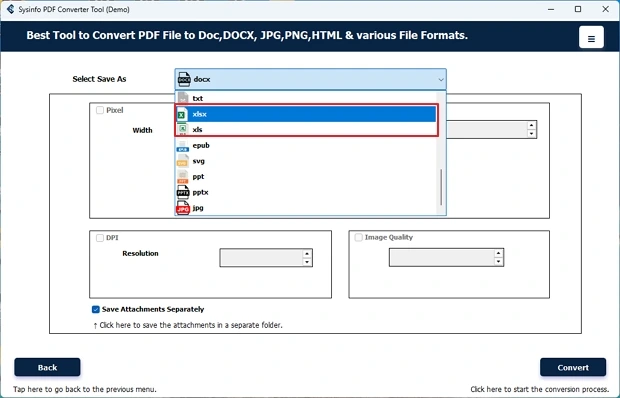 Choose XLSX or XLS file format from the Select Save As option. 