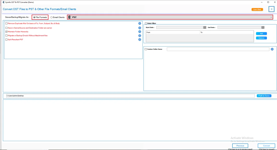 Next, select PST as the saving file format.