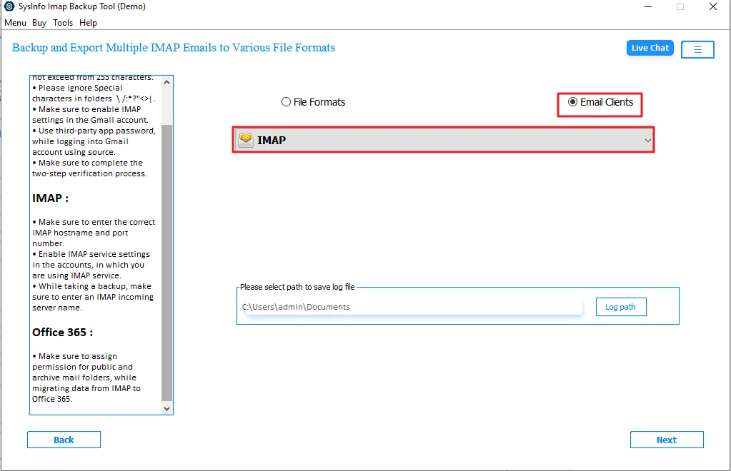 Thereafter, choose IMAP from the email client option and hit Next.