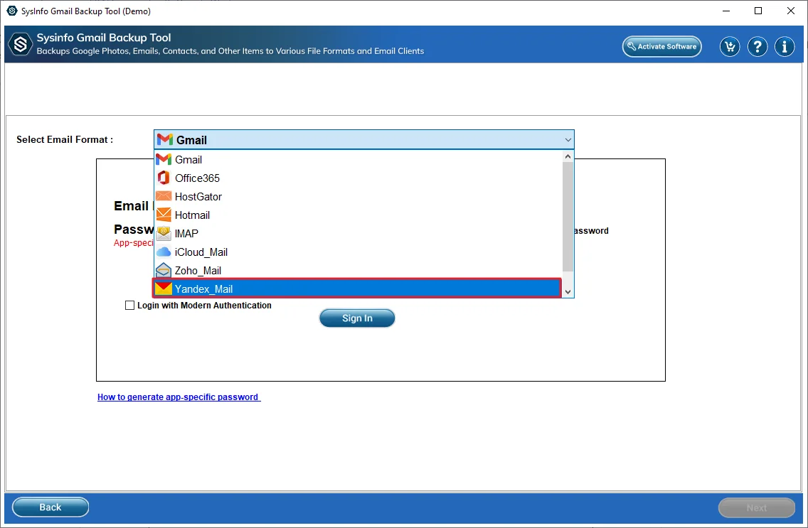 Thereafter, select Yandex Mail as the saving email client.