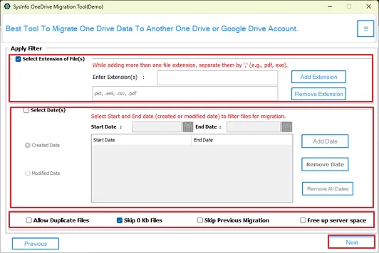 Choose the filters that are required before you make the migration and hit Next.