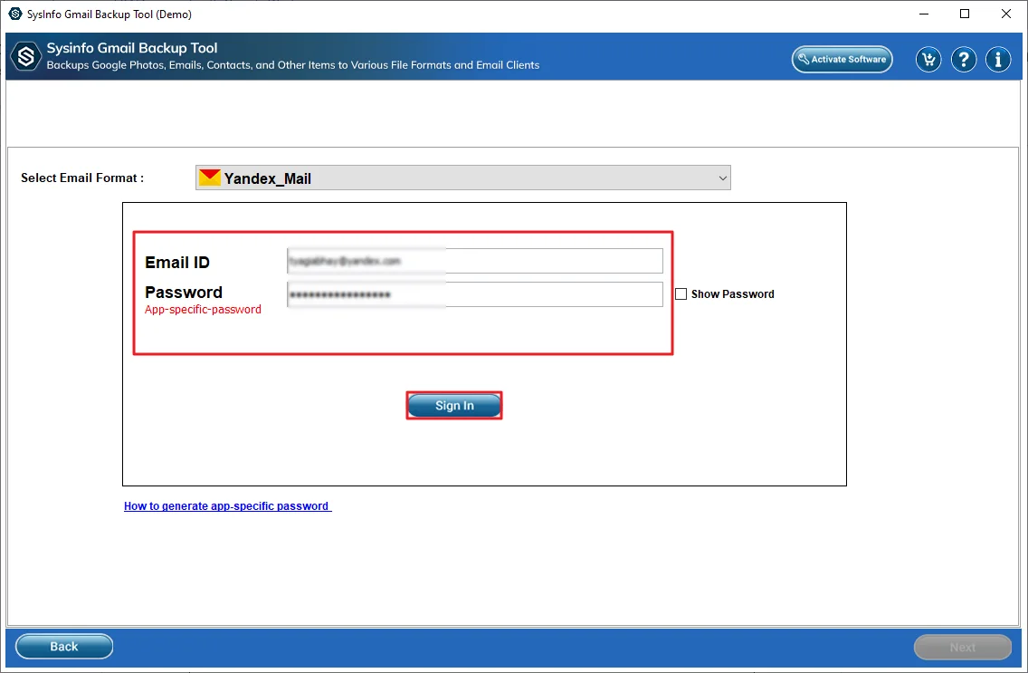 Next, provide Yandex Mail credentials and click Sign In.