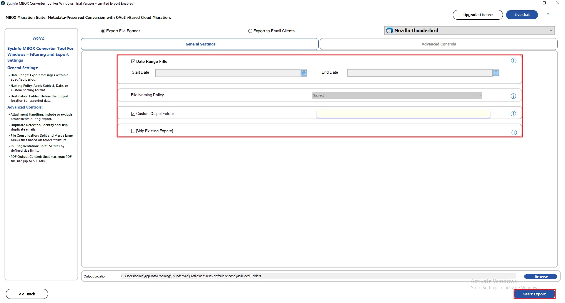 At last, apply optional filters or features and click Start Export.