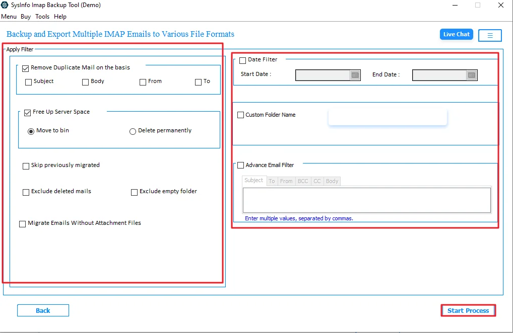 Lastly, apply optional filters/features as needed, and click on the Start Process.