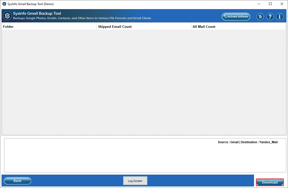 At the end, click Download to start the migration.
