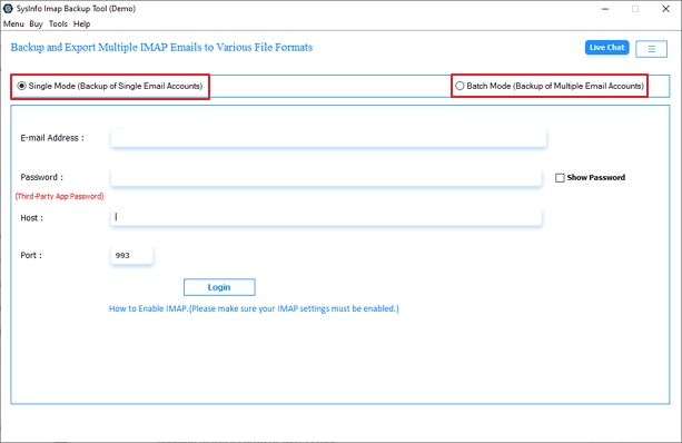 Download the MailConverterTools IMAP Backup tool on your system and choose the mode from Single or Batch.