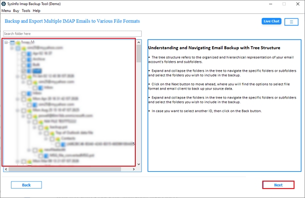 Further, you can preview the mailbox in a tree structure and select the files or folders you want to migrate. Hit Next.