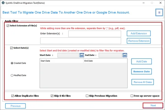 After that, apply the filters if needed and click Next to continue with the process. 