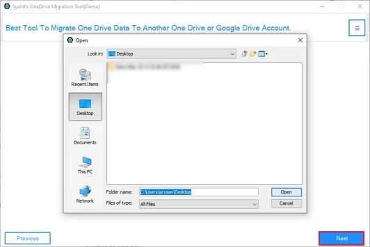 Select the folder to save the exported data and click Next to Transfer OneDrive to iCloud.