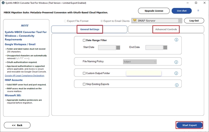 Apply the basic or advanced filters as required and then click on Start Export. 